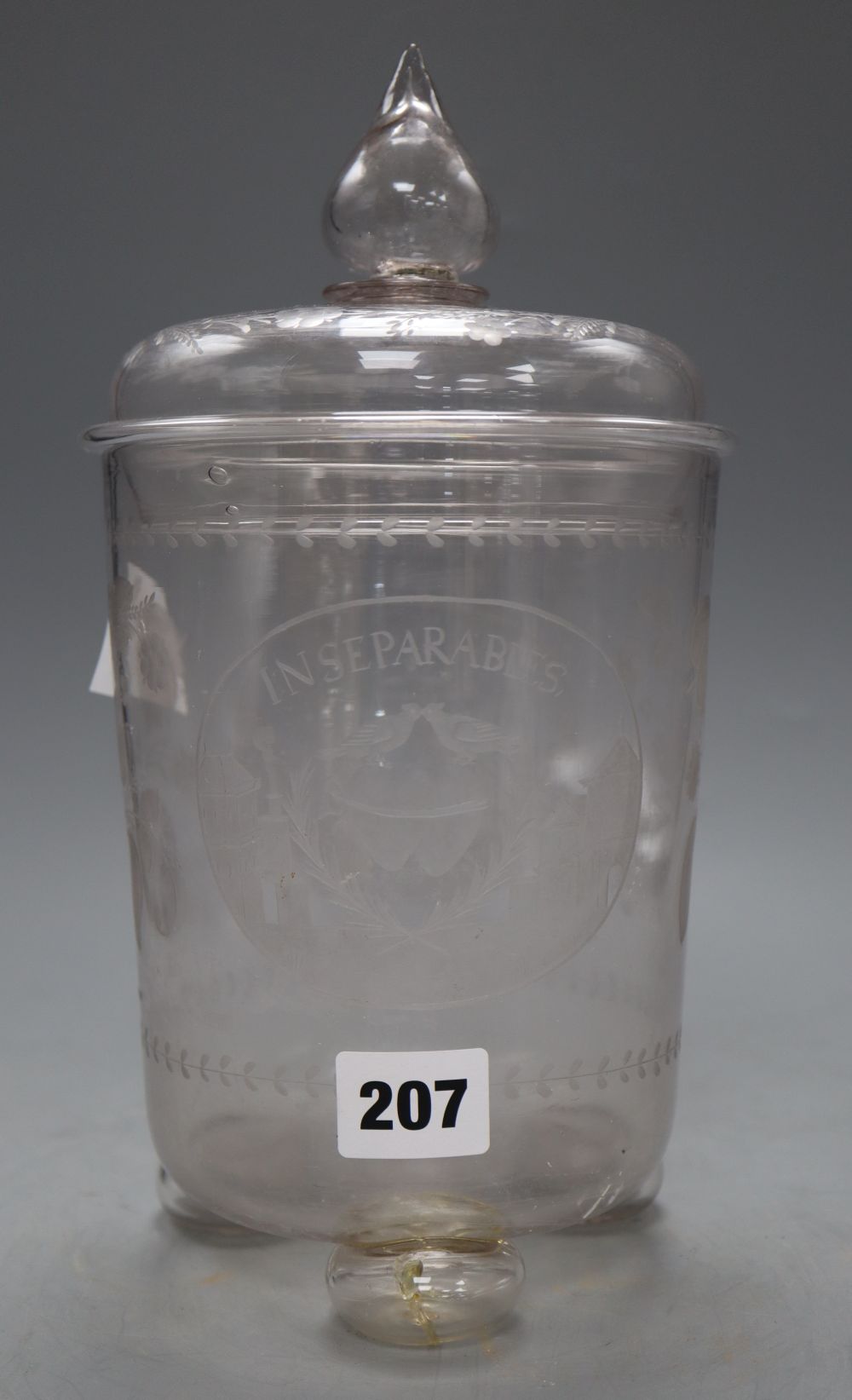 A 19th century French wheel etched glass jar and cover, with detached finial, height excl. finial 23c,
